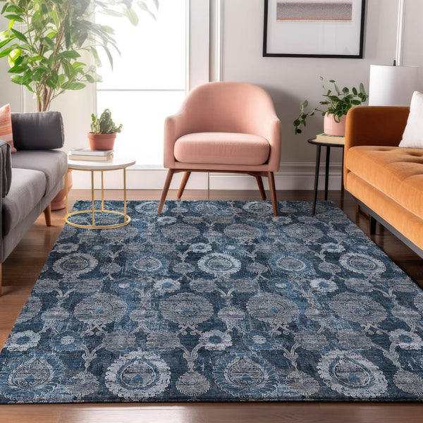 HomeRoots 9' X 12' Navy Blue & Gray Damask Washable Area Rug - Durable, Stain-Resistant, UV Protected Design! 666565