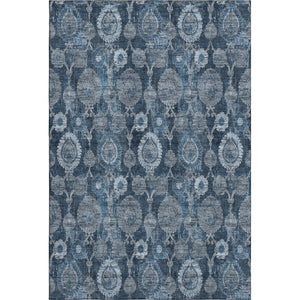 HomeRoots 9' X 12' Navy Blue & Gray Damask Washable Area Rug - Durable, Stain-Resistant, UV Protected Design! 666565