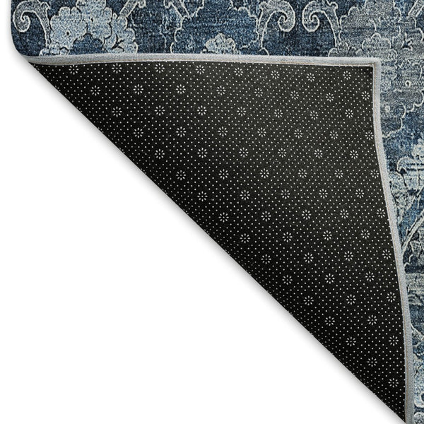 HomeRoots 9' X 12' Navy Blue & Gray Damask Washable Area Rug - Durable, Stain-Resistant, UV Protected Design! 666565