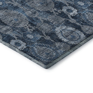 HomeRoots 9' X 12' Navy Blue & Gray Damask Washable Area Rug - Durable, Stain-Resistant, UV Protected Design! 666565