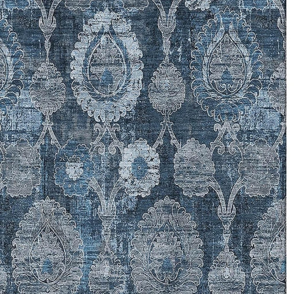 HomeRoots 9' X 12' Navy Blue & Gray Damask Washable Area Rug - Durable, Stain-Resistant, UV Protected Design! 666565
