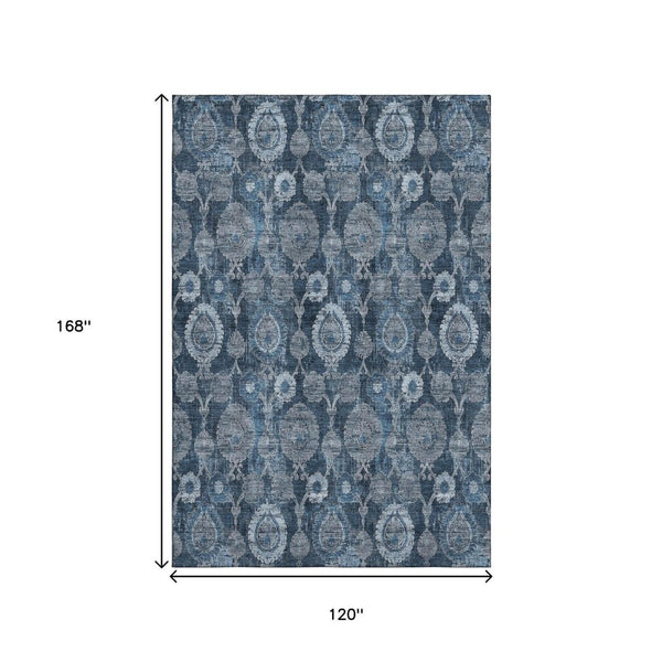 HomeRoots 10' Navy Blue and Gray Damask Area Rug - Washable, Stain Resistant, UV Protected for Busy Homes 666566
