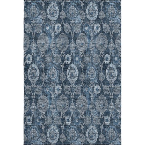 HomeRoots 10' Navy Blue and Gray Damask Area Rug - Washable, Stain Resistant, UV Protected for Busy Homes 666566