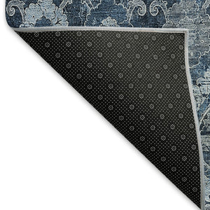 HomeRoots 10' Navy Blue and Gray Damask Area Rug - Washable, Stain Resistant, UV Protected for Busy Homes 666566