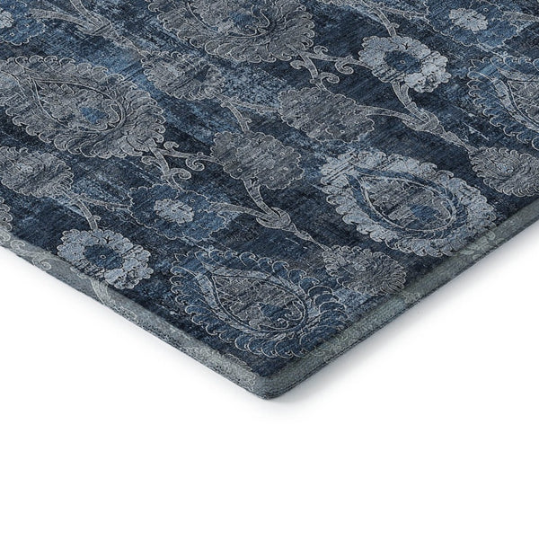 HomeRoots 10' Navy Blue and Gray Damask Area Rug - Washable, Stain Resistant, UV Protected for Busy Homes 666566