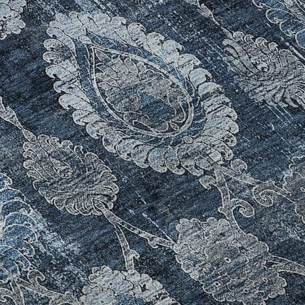 HomeRoots 10' Navy Blue and Gray Damask Area Rug - Washable, Stain Resistant, UV Protected for Busy Homes 666566