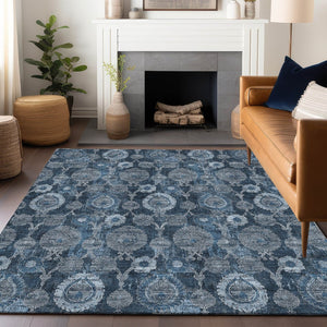 HomeRoots 10' Navy Blue and Gray Damask Area Rug - Washable, Stain Resistant, UV Protected for Busy Homes 666566