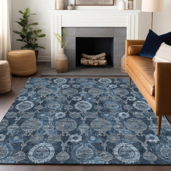HomeRoots 10' Navy Blue and Gray Damask Area Rug - Washable, Stain Resistant, UV Protected for Busy Homes 666566