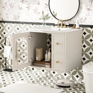 English Elm 24" Modern Wall-Mount Bathroom Vanity with Ceramic Sink, Glass Door Cabinet, 2 Drawers, Soft-Close Beige N710P286704Y