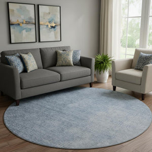 HomeRoots 8' Blue Ombre Round Rug - Washable, UV-Protected, Stain-Resistant, Perfect for Homes with Kids & Pets! 666587