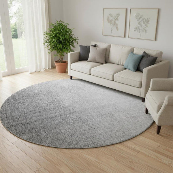 HomeRoots 8' Gray and Silver Ombre Washable Round Rug - Durable, Stain-Resistant, UV Protected for Modern Homes 666599