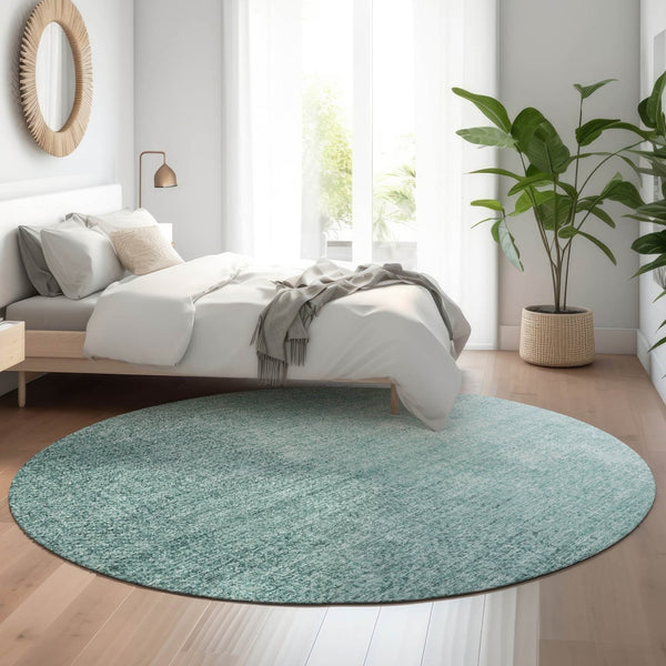 HomeRoots 8' Stylish Teal to Ivory Ombre Round Rug - Washable, UV-Protected, Family-Friendly Design for Any Room 666611