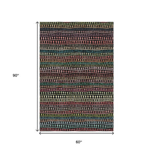HomeRoots 5' Stylish Striped Washable Area Rug in Black, Green & Red - UV Protected for Indoor/Outdoor Use 666616