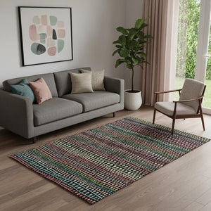 HomeRoots 5' Stylish Striped Washable Area Rug in Black, Green & Red - UV Protected for Indoor/Outdoor Use 666616