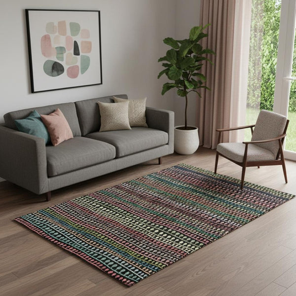 HomeRoots 5' Stylish Striped Washable Area Rug in Black, Green & Red - UV Protected for Indoor/Outdoor Use 666616