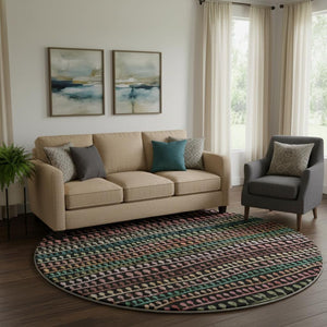 HomeRoots 8' Washable Round Area Rug - Black, Green & Red Striped Design with UV Protection for High Traffic Areas 666617