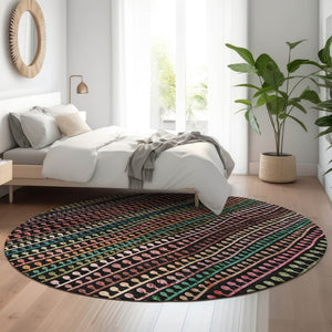 HomeRoots 8' Washable Round Area Rug - Black, Green & Red Striped Design with UV Protection for High Traffic Areas 666617