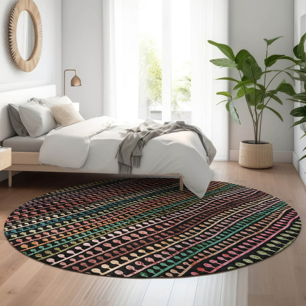 HomeRoots 8' Washable Round Area Rug - Black, Green & Red Striped Design with UV Protection for High Traffic Areas 666617