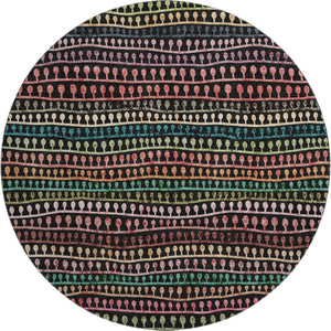 HomeRoots 8' Washable Round Area Rug - Black, Green & Red Striped Design with UV Protection for High Traffic Areas 666617