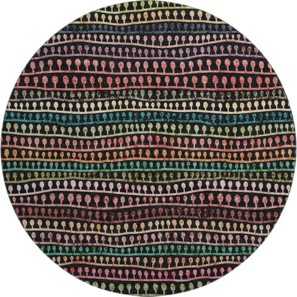 HomeRoots 8' Washable Round Area Rug - Black, Green & Red Striped Design with UV Protection for High Traffic Areas 666617