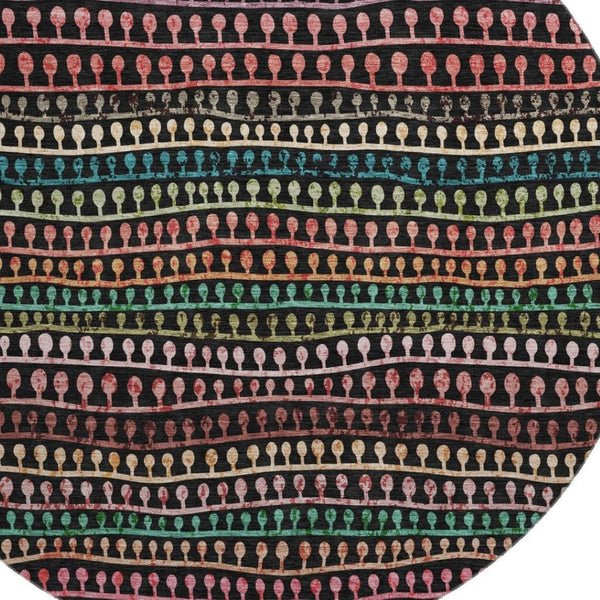 HomeRoots 8' Washable Round Area Rug - Black, Green & Red Striped Design with UV Protection for High Traffic Areas 666617