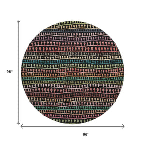 HomeRoots 8' Washable Round Area Rug - Black, Green & Red Striped Design with UV Protection for High Traffic Areas 666617