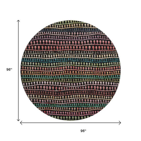 HomeRoots 8' Washable Round Area Rug - Black, Green & Red Striped Design with UV Protection for High Traffic Areas 666617