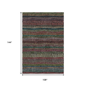 HomeRoots 9' X 12' Striped Area Rug in Black, Green, Red - Washable, UV Protected & Stain Resistant Design! 666619