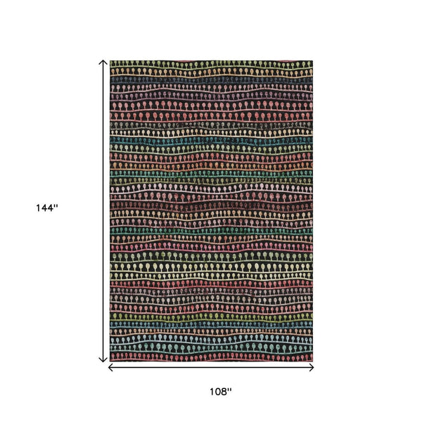 HomeRoots 9' X 12' Striped Area Rug in Black, Green, Red - Washable, UV Protected & Stain Resistant Design! 666619