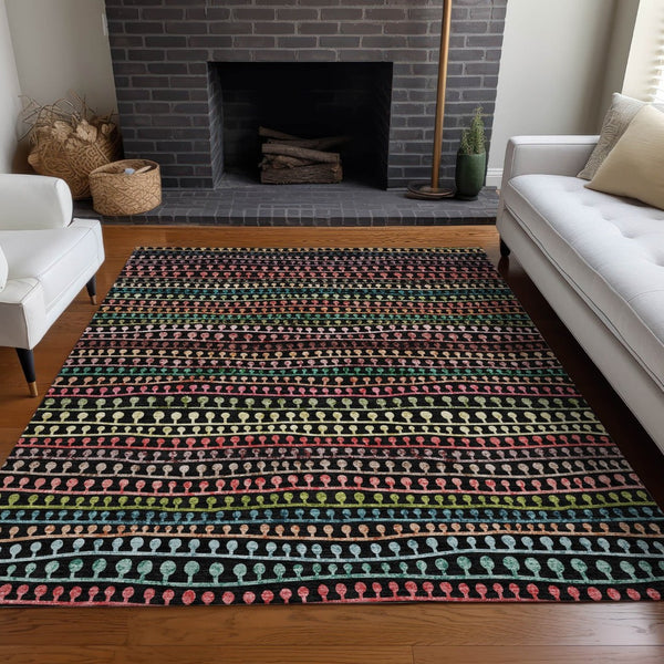 HomeRoots 9' X 12' Striped Area Rug in Black, Green, Red - Washable, UV Protected & Stain Resistant Design! 666619