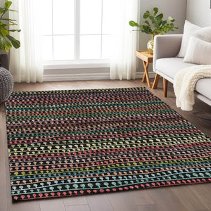 HomeRoots 9' X 12' Striped Area Rug in Black, Green, Red - Washable, UV Protected & Stain Resistant Design! 666619