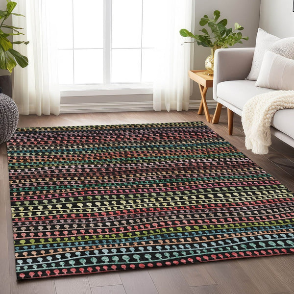 HomeRoots 9' X 12' Striped Area Rug in Black, Green, Red - Washable, UV Protected & Stain Resistant Design! 666619