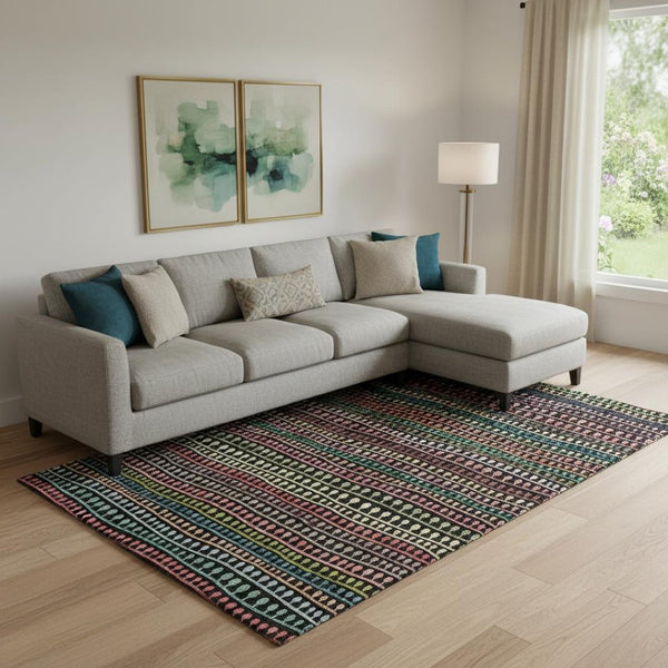 HomeRoots 10' Black Green and Red Striped Washable Area Rug – Durable, UV-Protected, Ideal for High-Traffic Spaces 666620