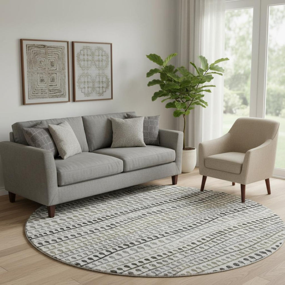 HomeRoots 8' Washable Round Rug in Ivory, Brown & Gray Stripes - Durable, UV-Protected, Stain-Resistant Design 666623