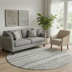 HomeRoots 8' Washable Round Rug in Ivory, Brown & Gray Stripes - Durable, UV-Protected, Stain-Resistant Design 666623