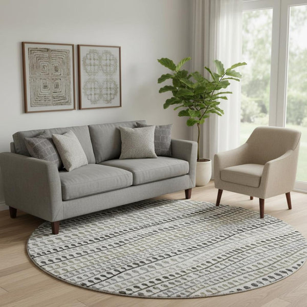 HomeRoots 8' Washable Round Rug in Ivory, Brown & Gray Stripes - Durable, UV-Protected, Stain-Resistant Design 666623
