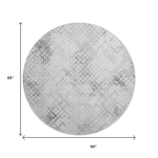 HomeRoots 8' Gray and Silver Geometric Round Rug - Washable, UV Protected, Stain Resistant for Modern Spaces 666641