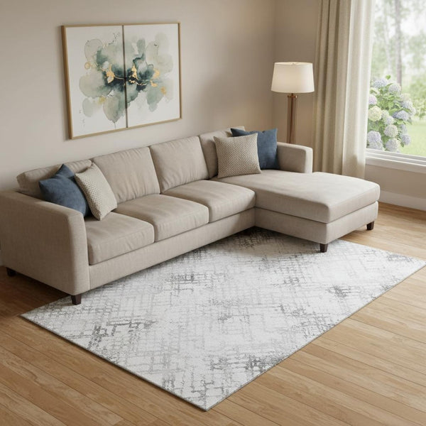 HomeRoots 9' X 12' Gray and Silver Abstract Geometric Area Rug - Washable, UV-Protected, Pet-Friendly Style 666643