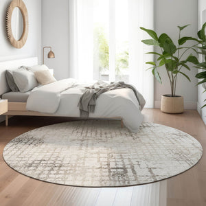 HomeRoots 8' Taupe and Ivory Abstract Geometric Round Rug – Washable & UV Protected for Modern Spaces 666659