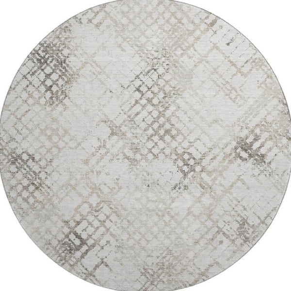 HomeRoots 8' Taupe and Ivory Abstract Geometric Round Rug – Washable & UV Protected for Modern Spaces 666659