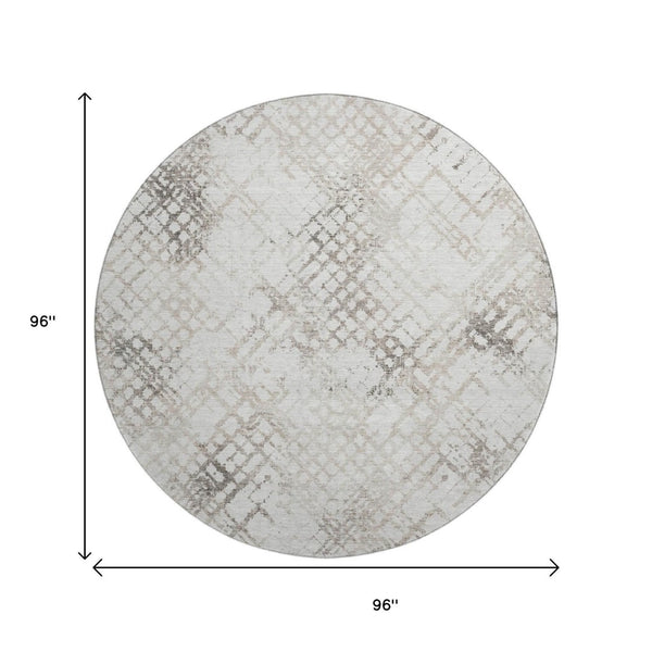 HomeRoots 8' Taupe and Ivory Abstract Geometric Round Rug – Washable & UV Protected for Modern Spaces 666659