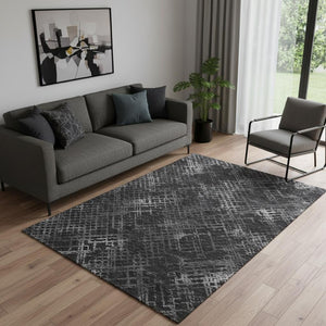 HomeRoots 5' X 8' Charcoal & Ivory Geometric Area Rug - Washable, UV Protected, Modern Design for Busy Homes 666670