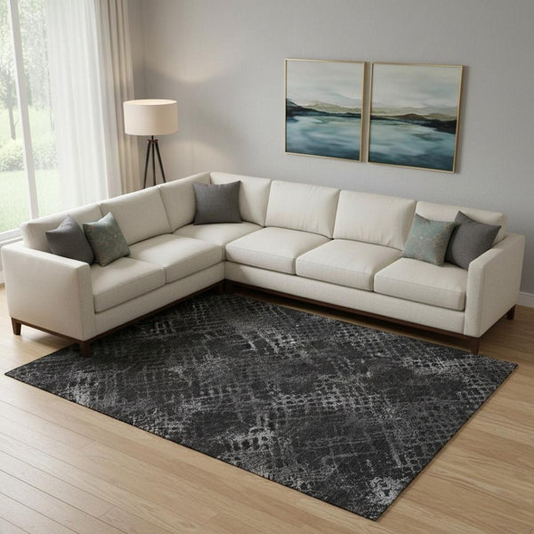 HomeRoots 8' X 10' Charcoal & Ivory Abstract Geometric Area Rug – Washable, UV-Protected for Busy Homes 666672