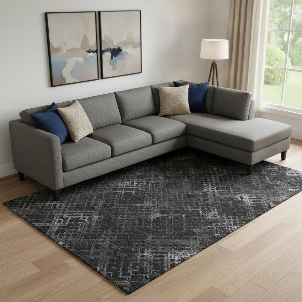 HomeRoots 9' X 12' Charcoal & Ivory Abstract Geometric Rug with UV Protection - Stylish, Washable, & Durable! 666673