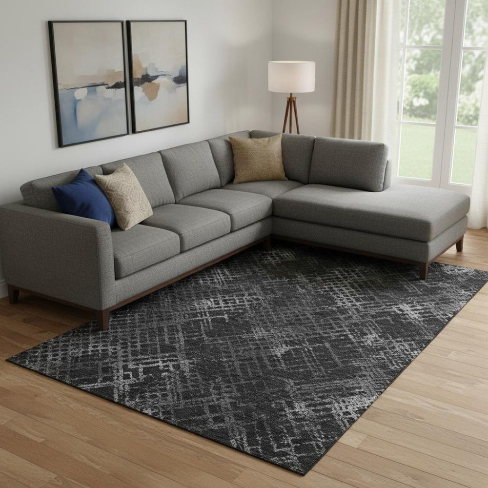 HomeRoots 10' X 14' Charcoal and Ivory Abstract Geometric Washable Rug - Stylish, Durable, UV Protection, Easy Care 666674
