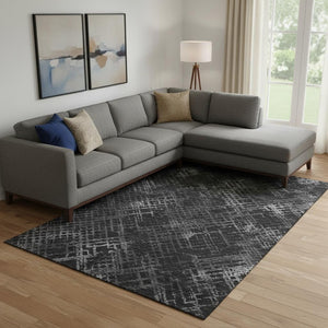 HomeRoots 10' X 14' Charcoal and Ivory Abstract Geometric Washable Rug - Stylish, Durable, UV Protection, Easy Care 666674
