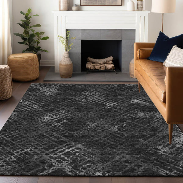 HomeRoots 10' X 14' Charcoal and Ivory Abstract Geometric Washable Rug - Stylish, Durable, UV Protection, Easy Care 666674