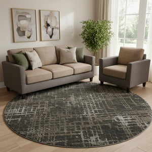 HomeRoots 8' Brown and Ivory Abstract Geometric Round Rug - Washable, UV Protected, Slip-Resistant Style! 666683