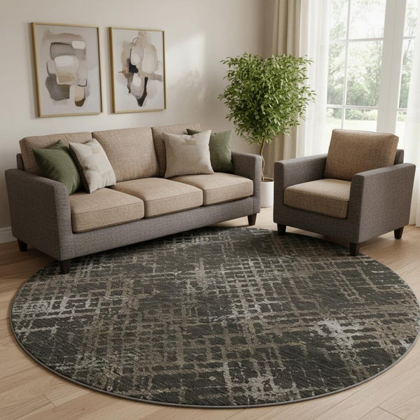 HomeRoots 8' Brown and Ivory Abstract Geometric Round Rug - Washable, UV Protected, Slip-Resistant Style! 666683