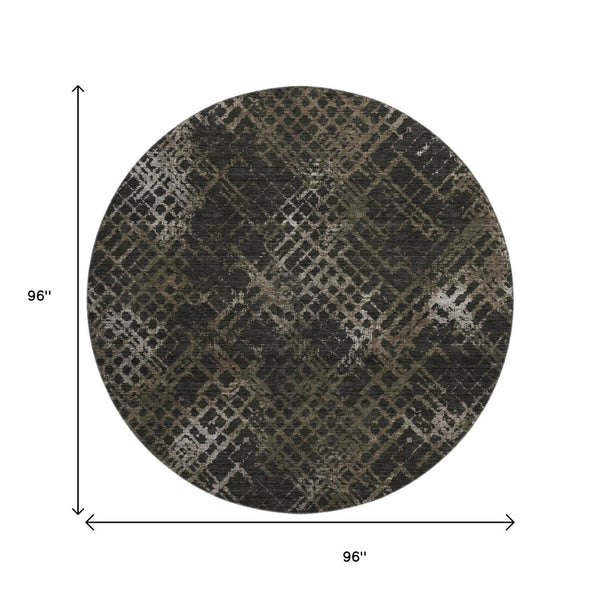 HomeRoots 8' Brown and Ivory Abstract Geometric Round Rug - Washable, UV Protected, Slip-Resistant Style! 666683